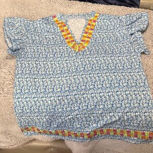Blue and White Patterned Top with Colorful Trim